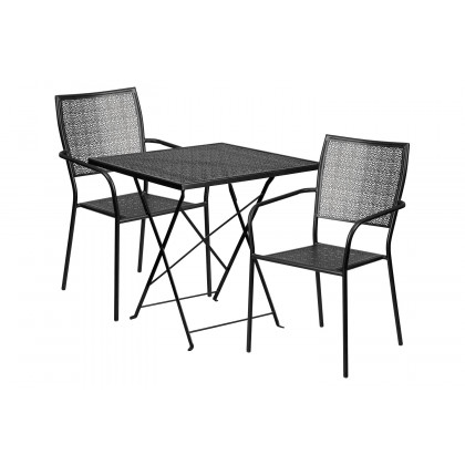 BLNK Oia Commercial Square Steel Indoor-Outdoor Folding Patio Table Set with 2 Square Back Chairs - Black, 28"W