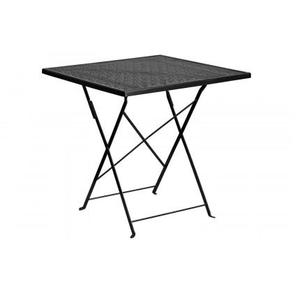 BLNK Oia Commercial Square Steel Indoor-Outdoor Folding Patio Table Set with 2 Square Back Chairs - Black, 28"W