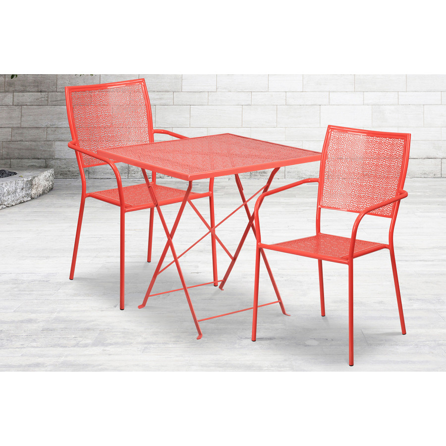 BLNK Oia Commercial Square Steel Indoor-Outdoor Folding Patio Table Set with 2 Square Back Chairs - Coral, 28"W