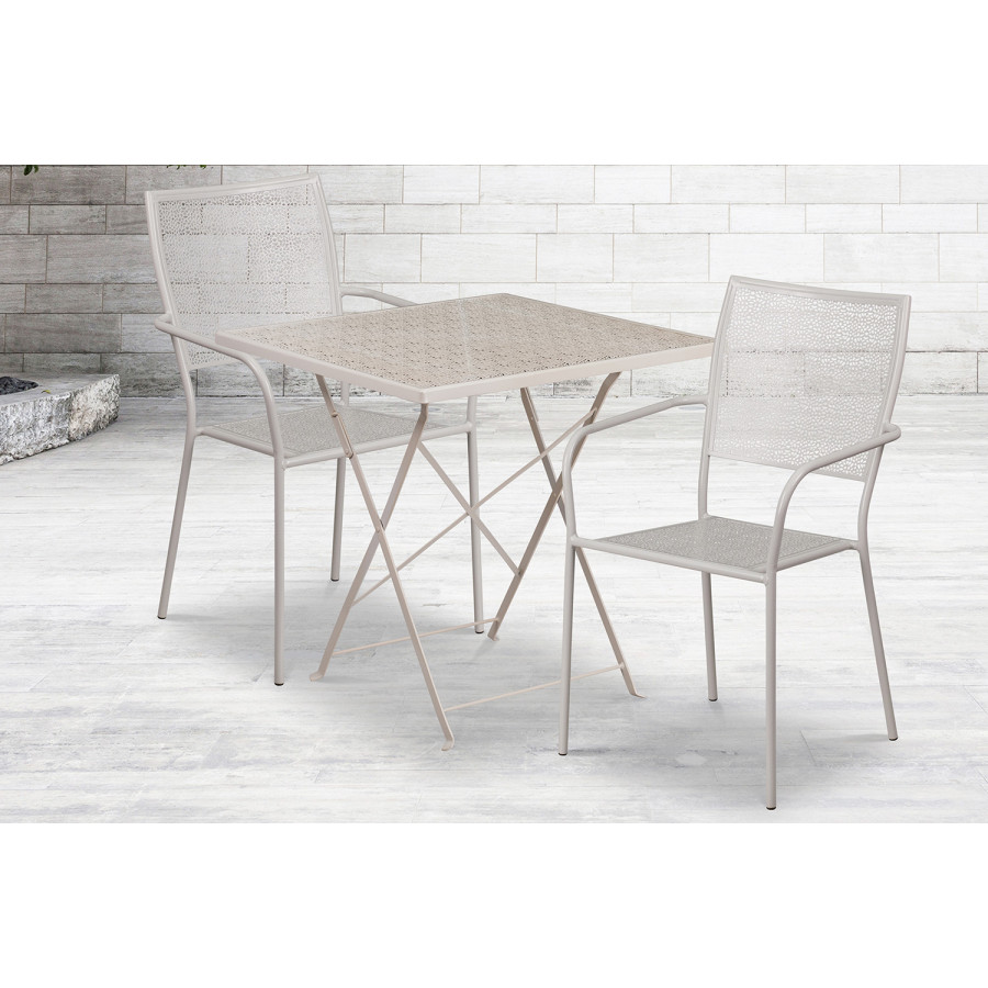 BLNK Oia Commercial Square Steel Indoor-Outdoor Folding Patio Table Set with 2 Square Back Chairs - Light Gray, 28"W