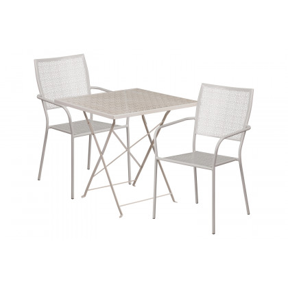 BLNK Oia Commercial Square Steel Indoor-Outdoor Folding Patio Table Set with 2 Square Back Chairs - Light Gray, 28"W