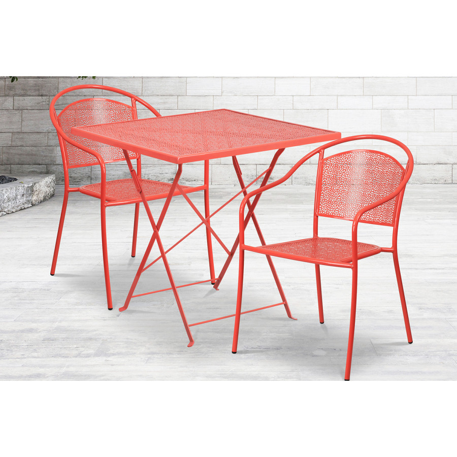 BLNK Oia Commercial Square Steel Indoor-Outdoor Folding Patio Table Set with 2 Round Back Chairs - Coral, 28"W