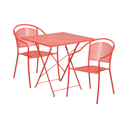 BLNK Oia Commercial Square Steel Indoor-Outdoor Folding Patio Table Set with 2 Round Back Chairs - Coral, 28"W