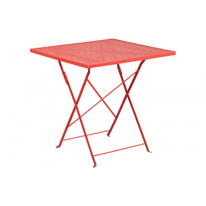 BLNK Oia Commercial Square Steel Indoor-Outdoor Folding Patio Table Set with 2 Round Back Chairs - Coral, 28"W