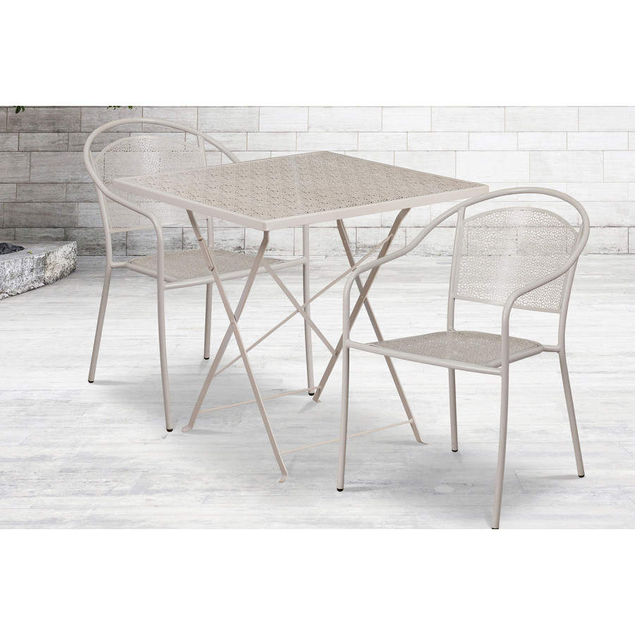 BLNK Oia Commercial Square Steel Indoor-Outdoor Folding Patio Table Set with 2 Round Back Chairs - Light Gray, 28"W