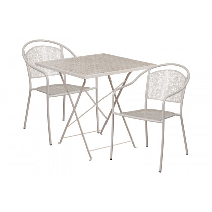 BLNK Oia Commercial Square Steel Indoor-Outdoor Folding Patio Table Set with 2 Round Back Chairs - Light Gray, 28"W