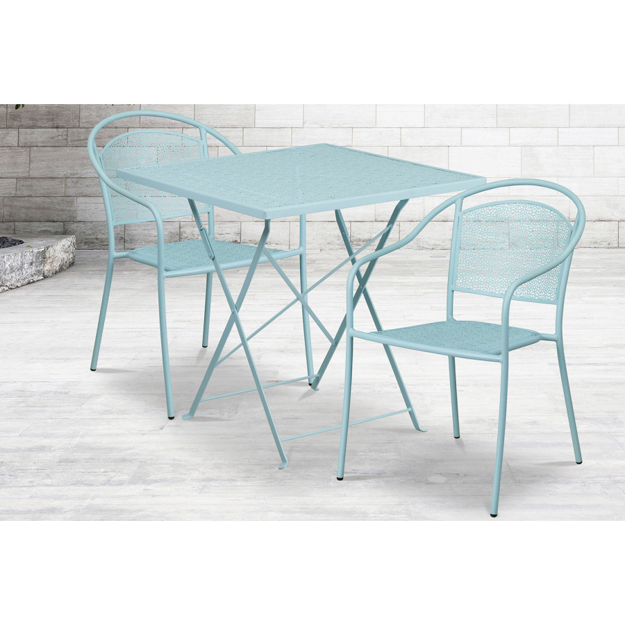 BLNK Oia Commercial Square Steel Indoor-Outdoor Folding Patio Table Set with 2 Round Back Chairs - Sky Blue, 28"W