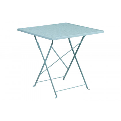 BLNK Oia Commercial Square Steel Indoor-Outdoor Folding Patio Table Set with 2 Round Back Chairs - Sky Blue, 28"W