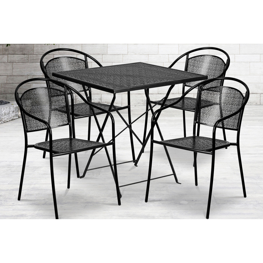 BLNK Oia Commercial Square Steel Indoor-Outdoor Folding Patio Table Set with 4 Round Back Chairs - Black, 28"W