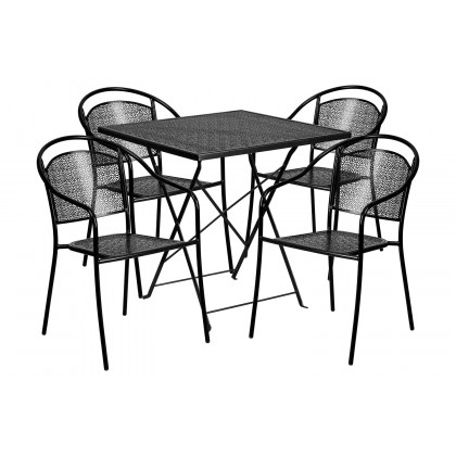 BLNK Oia Commercial Square Steel Indoor-Outdoor Folding Patio Table Set with 4 Round Back Chairs - Black, 28"W