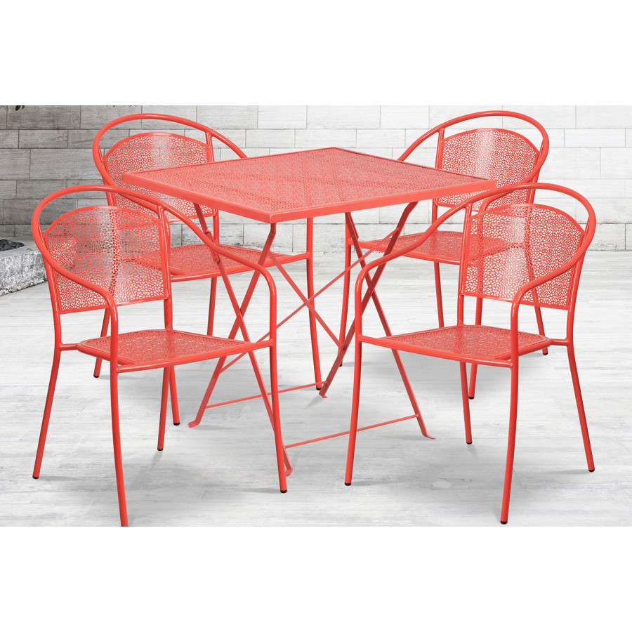 BLNK Oia Commercial Square Steel Indoor-Outdoor Folding Patio Table Set with 4 Round Back Chairs - Coral, 28"W