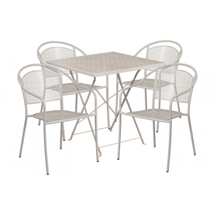 BLNK Oia Commercial Square Steel Indoor-Outdoor Folding Patio Table Set with 4 Round Back Chairs - Light Gray, 28"W