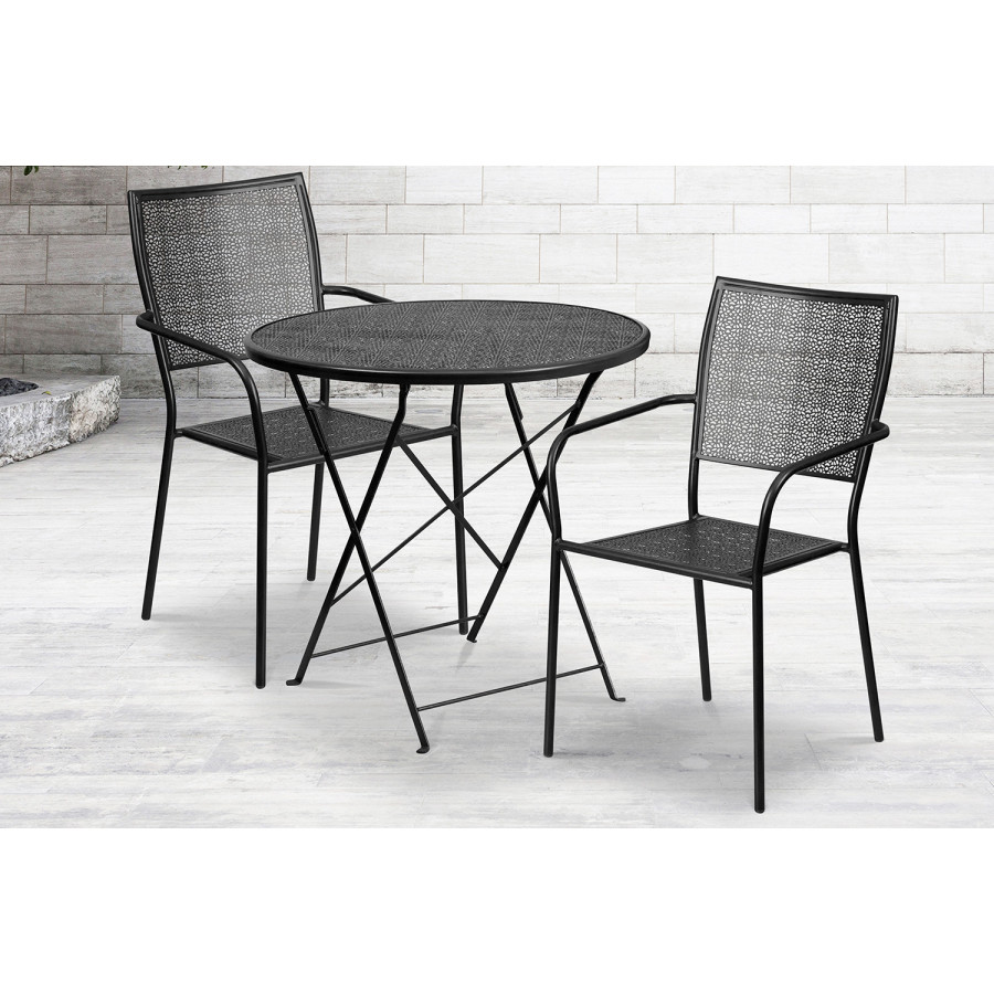 BLNK Oia Commercial Round Steel Indoor-Outdoor Folding Patio Table Set with 2 Square Back Chairs - Black, 30"D