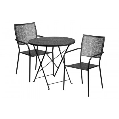 BLNK Oia Commercial Round Steel Indoor-Outdoor Folding Patio Table Set with 2 Square Back Chairs - Black, 30"D