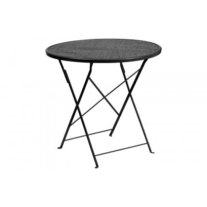 BLNK Oia Commercial Round Steel Indoor-Outdoor Folding Patio Table Set with 2 Square Back Chairs - Black, 30"D