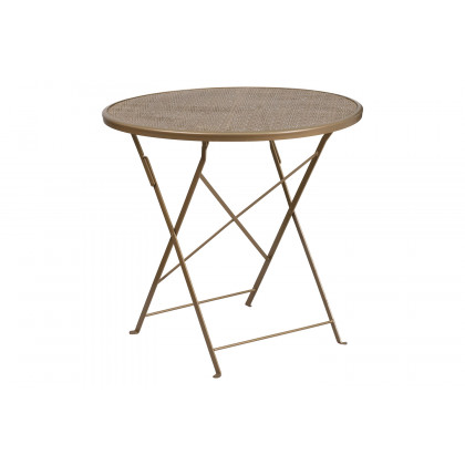 BLNK Oia Commercial Round Steel Indoor-Outdoor Folding Patio Table Set with 2 Square Back Chairs - Gold, 30"D