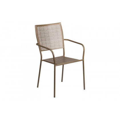 BLNK Oia Commercial Round Steel Indoor-Outdoor Folding Patio Table Set with 2 Square Back Chairs - Gold, 30"D