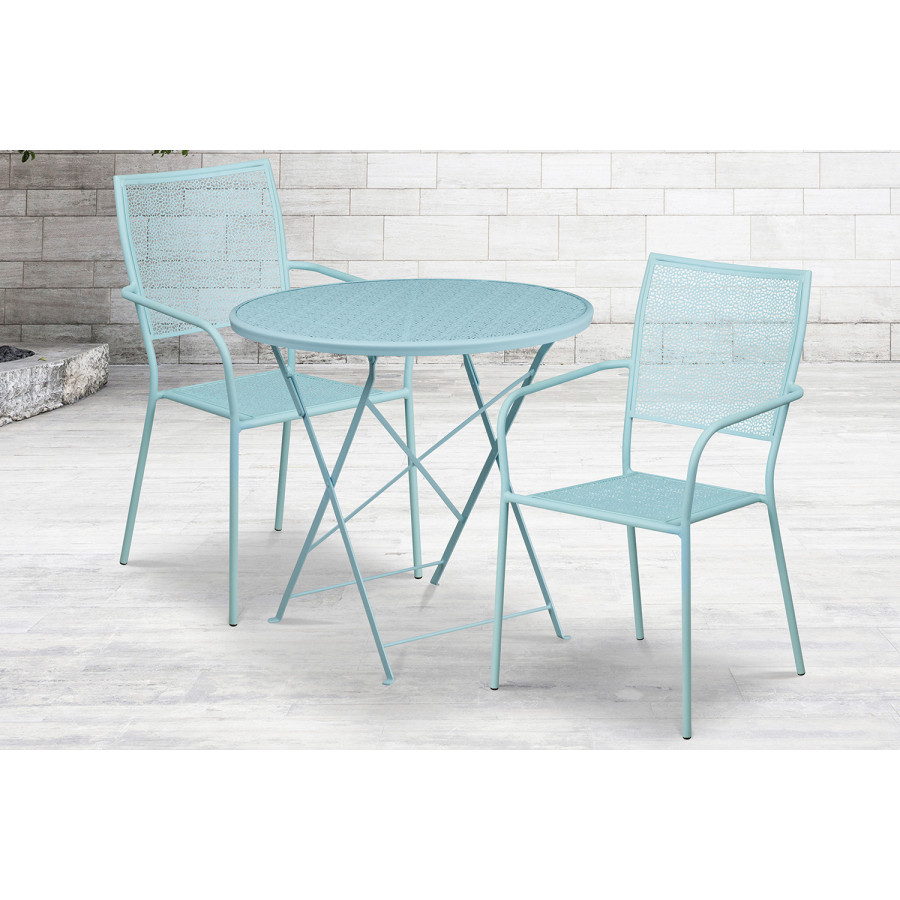 BLNK Oia Commercial Round Steel Indoor-Outdoor Folding Patio Table Set with 2 Square Back Chairs - Sky Blue, 30"D