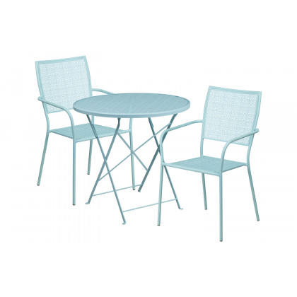 BLNK Oia Commercial Round Steel Indoor-Outdoor Folding Patio Table Set with 2 Square Back Chairs - Sky Blue, 30"D
