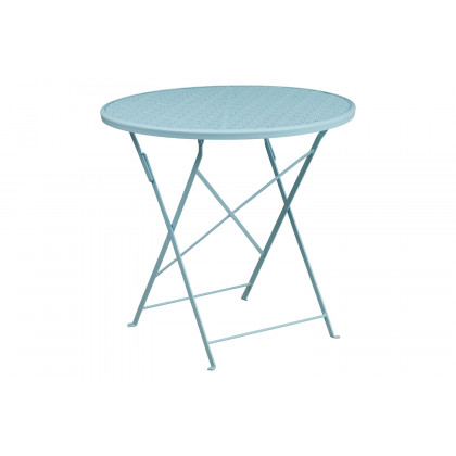BLNK Oia Commercial Round Steel Indoor-Outdoor Folding Patio Table Set with 2 Square Back Chairs - Sky Blue, 30"D