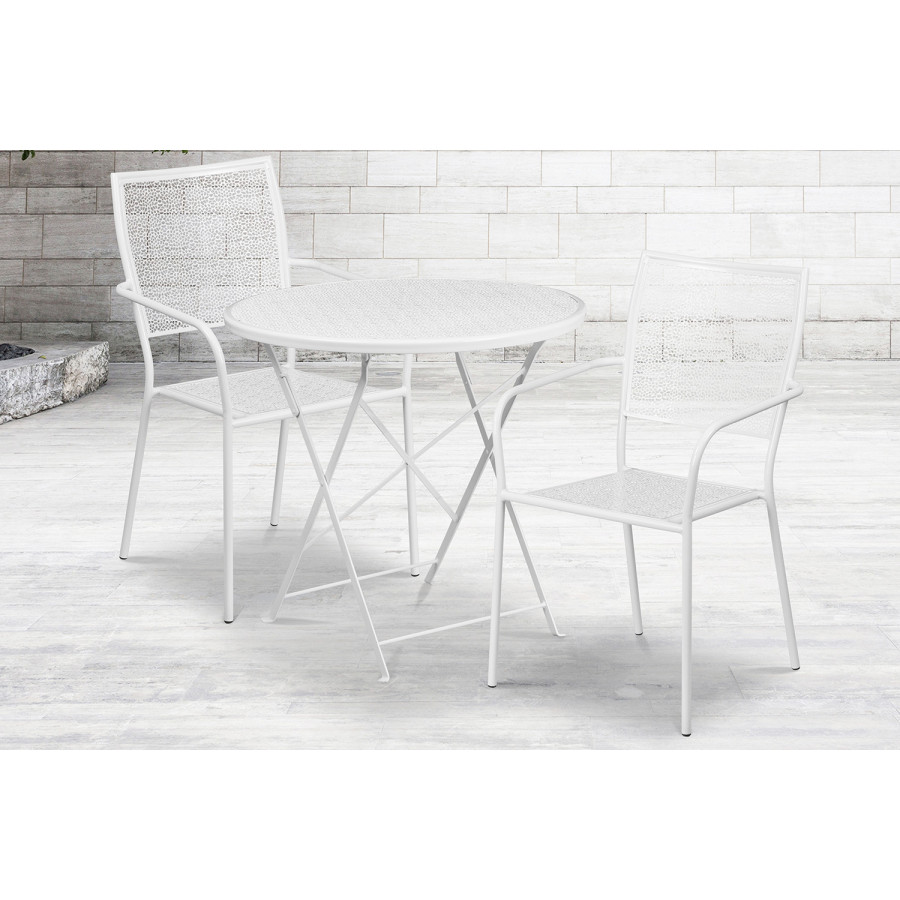 BLNK Oia Commercial Round Steel Indoor-Outdoor Folding Patio Table Set with 2 Square Back Chairs - White, 30"D