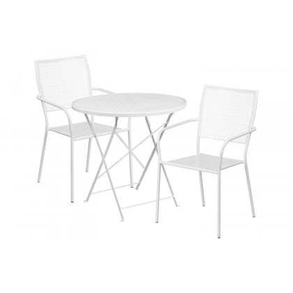 BLNK Oia Commercial Round Steel Indoor-Outdoor Folding Patio Table Set with 2 Square Back Chairs - White, 30"D