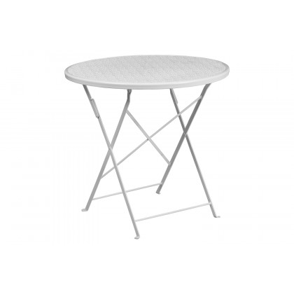 BLNK Oia Commercial Round Steel Indoor-Outdoor Folding Patio Table Set with 2 Square Back Chairs - White, 30"D