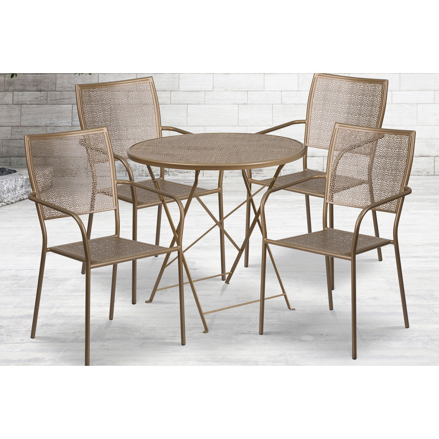 BLNK Oia Commercial Round Steel Indoor-Outdoor Folding Patio Table Set with 4 Square Back Chairs - Gold, 30"D