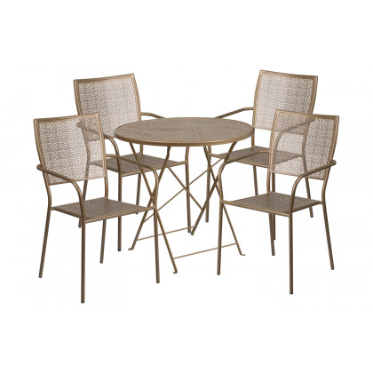 BLNK Oia Commercial Round Steel Indoor-Outdoor Folding Patio Table Set with 4 Square Back Chairs - Gold, 30"D