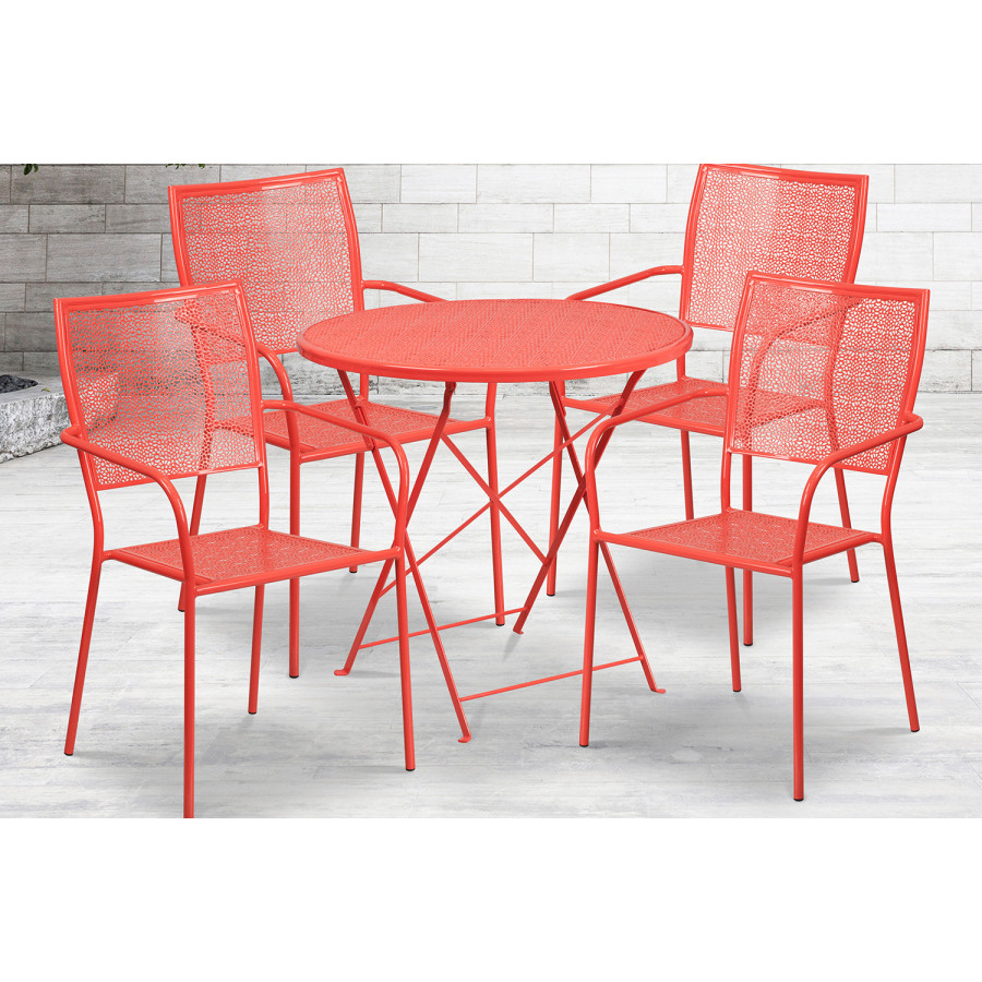BLNK Oia Commercial Round Steel Indoor-Outdoor Folding Patio Table Set with 4 Square Back Chairs - Coral, 30"D