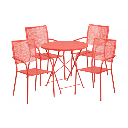 BLNK Oia Commercial Round Steel Indoor-Outdoor Folding Patio Table Set with 4 Square Back Chairs - Coral, 30"D