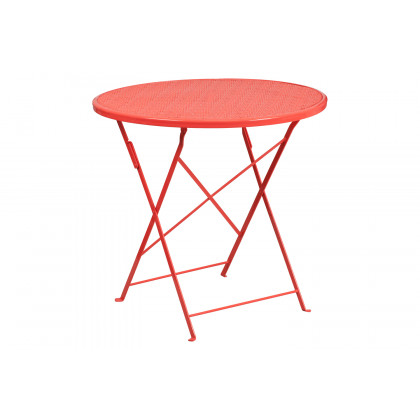 BLNK Oia Commercial Round Steel Indoor-Outdoor Folding Patio Table Set with 4 Square Back Chairs - Coral, 30"D