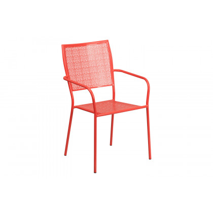 BLNK Oia Commercial Round Steel Indoor-Outdoor Folding Patio Table Set with 4 Square Back Chairs - Coral, 30"D