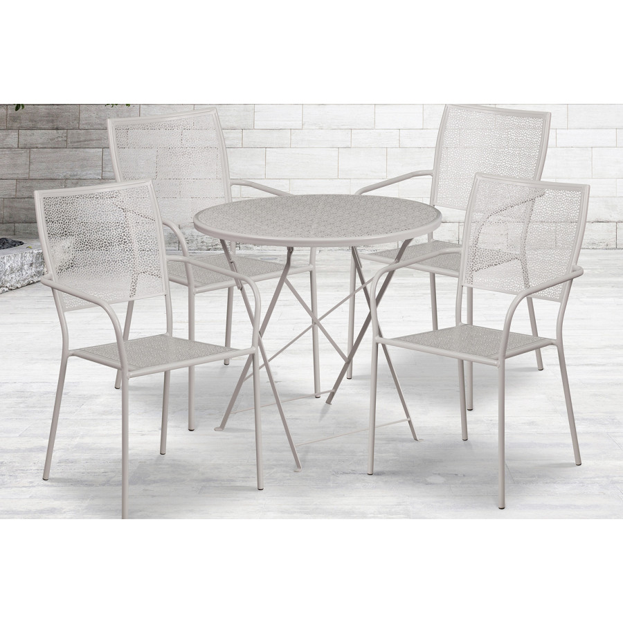 BLNK Oia Commercial Round Steel Indoor-Outdoor Folding Patio Table Set with 4 Square Back Chairs - Light Gray, 30"D