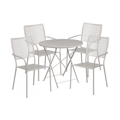 BLNK Oia Commercial Round Steel Indoor-Outdoor Folding Patio Table Set with 4 Square Back Chairs - Light Gray, 30"D