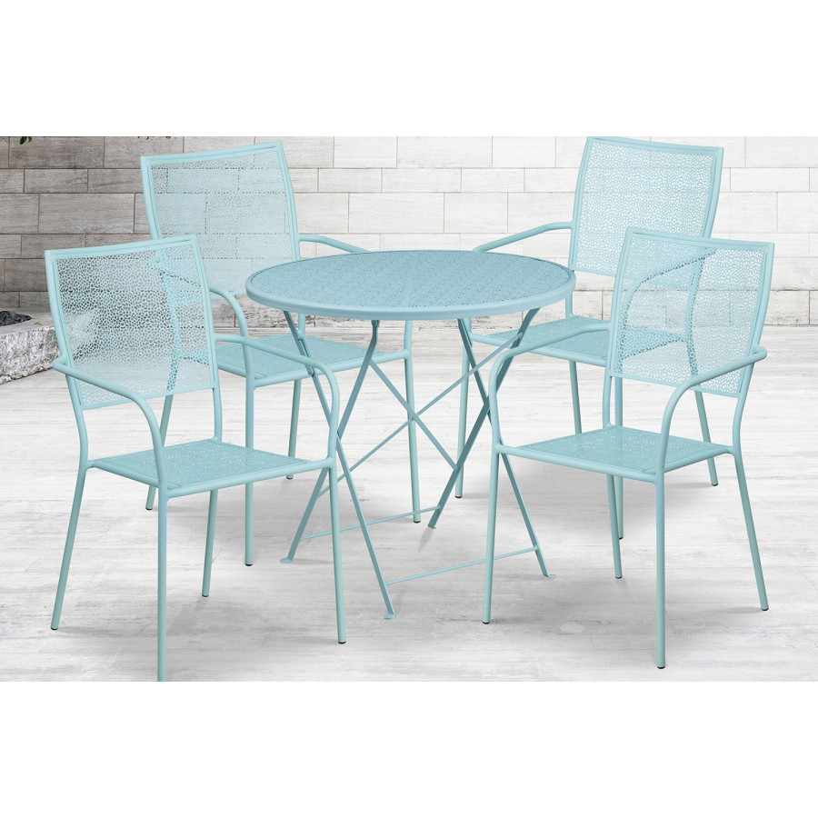 BLNK Oia Commercial Round Steel Indoor-Outdoor Folding Patio Table Set with 4 Square Back Chairs - Sky Blue, 30"D