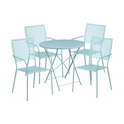 BLNK Oia Commercial Round Steel Indoor-Outdoor Folding Patio Table Set with 4 Square Back Chairs - Sky Blue, 30"D