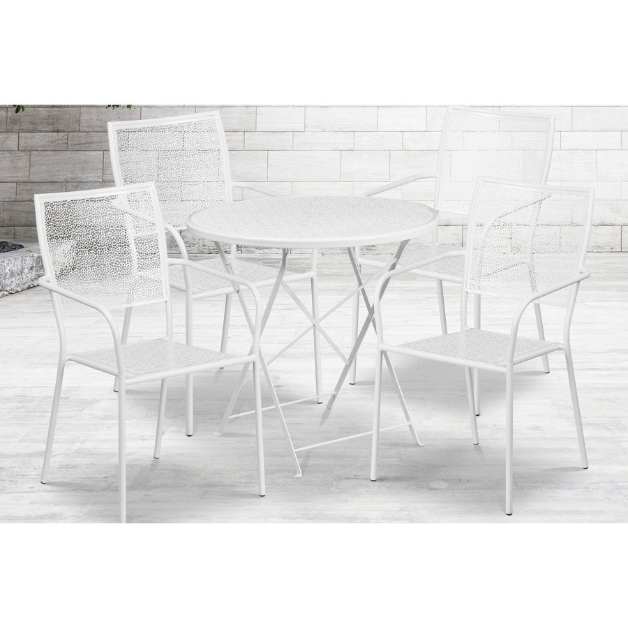 BLNK Oia Commercial Round Steel Indoor-Outdoor Folding Patio Table Set with 4 Square Back Chairs - White, 30"D