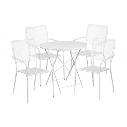 BLNK Oia Commercial Round Steel Indoor-Outdoor Folding Patio Table Set with 4 Square Back Chairs - White, 30"D
