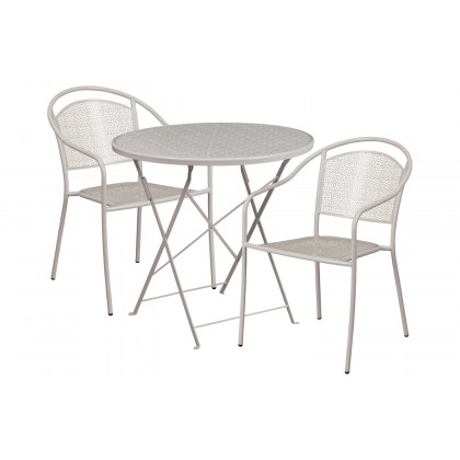 BLNK Oia Commercial Round Steel Indoor-Outdoor Folding Patio Table Set with 2 Round Back Chairs - Light Gray, 30"D