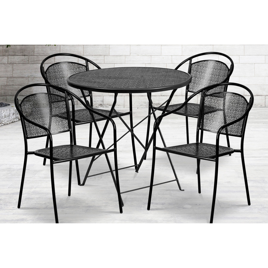 BLNK - Oia Commercial Round Steel Indoor-Outdoor Folding Patio Table Set with 4 Round Back Chairs