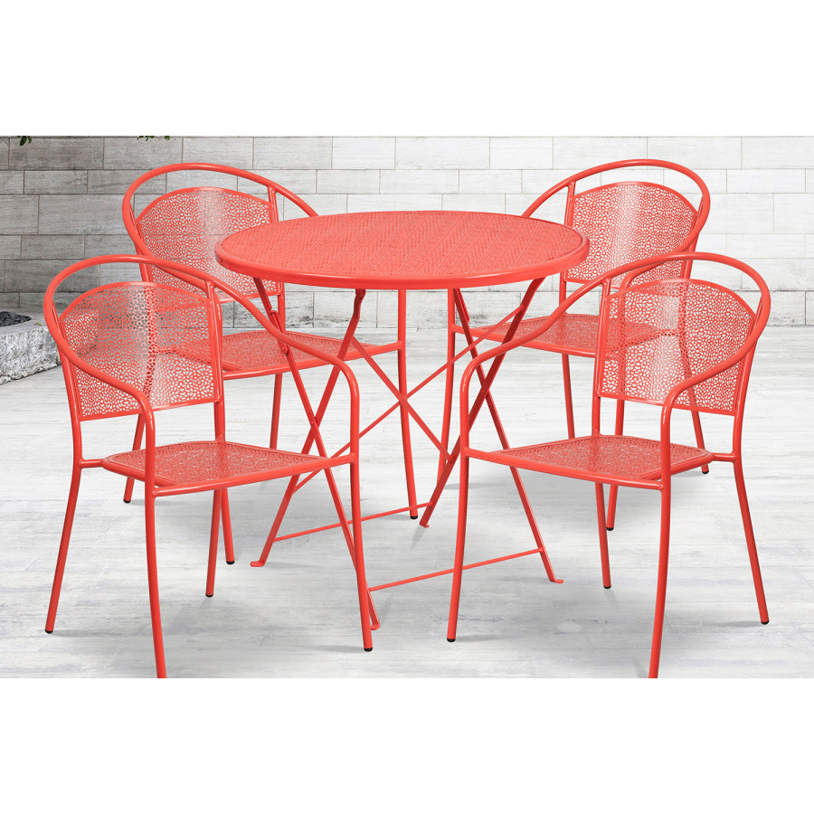 BLNK Oia Commercial Round Steel Indoor-Outdoor Folding Patio Table Set with 4 Round Back Chairs - Coral, 30"D