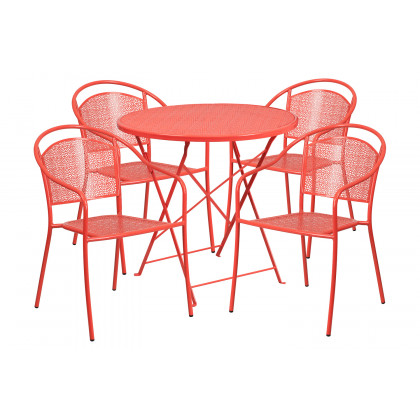 BLNK Oia Commercial Round Steel Indoor-Outdoor Folding Patio Table Set with 4 Round Back Chairs - Coral, 30"D