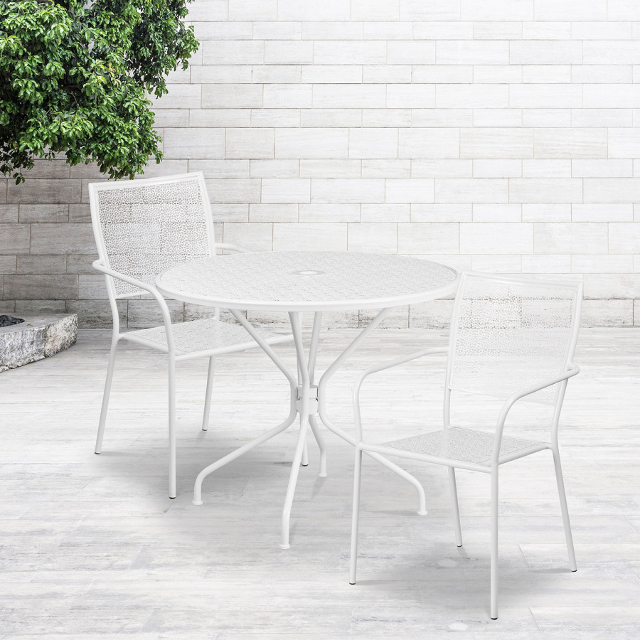 BLNK Oia Commercial Round Steel Indoor-Outdoor Patio Table Set with 2 Square Back Chairs - White