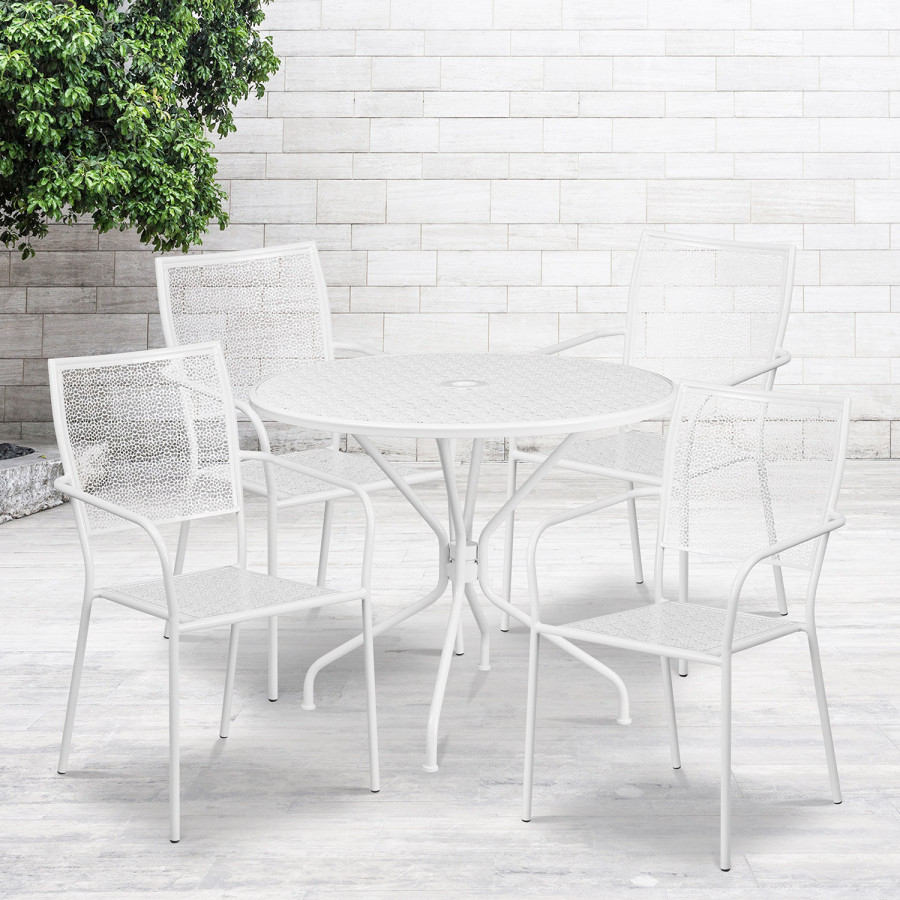 BLNK Oia Commercial Round Steel Indoor-Outdoor Patio Table Set with 4 Square Back Chairs - White