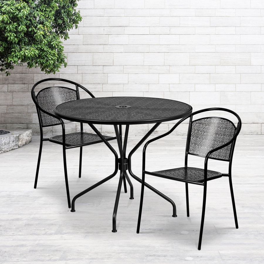 BLNK Oia Commercial Steel Indoor-Outdoor Patio Table Set with 2 Round Back Chairs - Black, 35.25"W