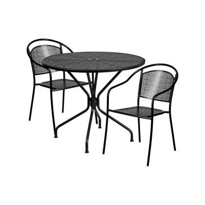BLNK Oia Commercial Steel Indoor-Outdoor Patio Table Set with 2 Round Back Chairs - Black, 35.25"W