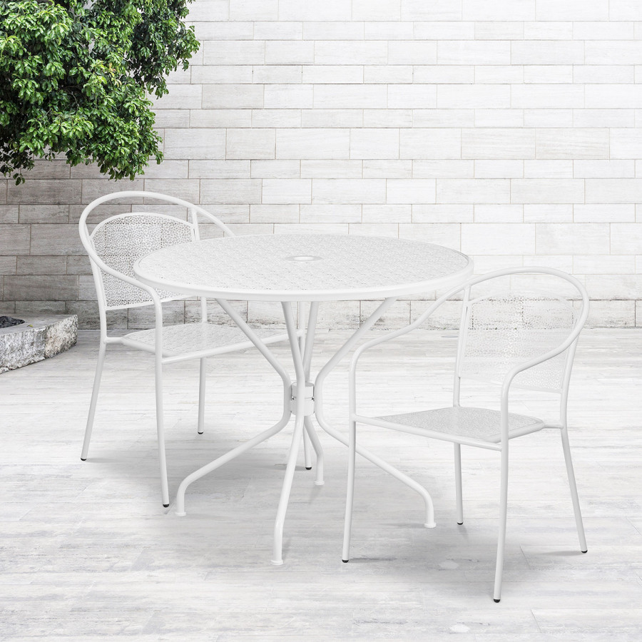 BLNK Oia Commercial Steel Indoor-Outdoor Patio Table Set with 2 Round Back Chairs - White, 35.25"W