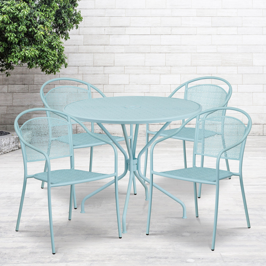 BLNK Oia Commercial Steel Indoor-Outdoor Patio Table Set with 4 Round Back Chairs - Sky Blue, 35.25"W