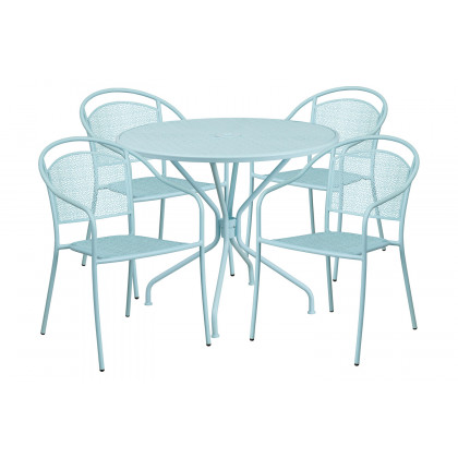 BLNK Oia Commercial Steel Indoor-Outdoor Patio Table Set with 4 Round Back Chairs - Sky Blue, 35.25"W